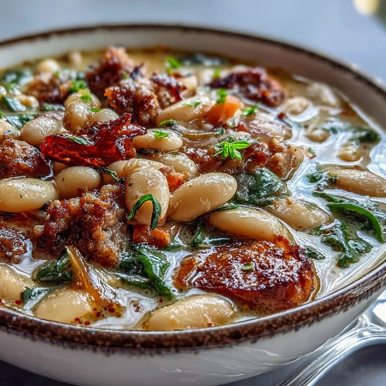 Serve Creamy Tuscan White Bean Soup with Sausage in rustic bowls topped with Parmesan and crusty bread for a cozy Italian-inspired meal.