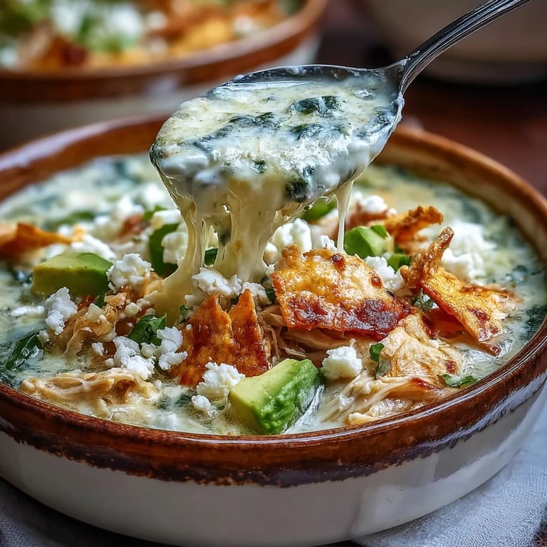 Vibrant green poblano and salsa verde base for Creamy Chicken Tortilla Soup topped with avocado and chips.