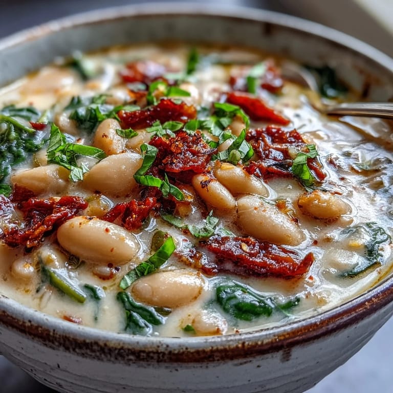 A warm bowl of Creamy Tuscan White Bean Soup topped with grated Parmesan, next to a slice of crusty bread.