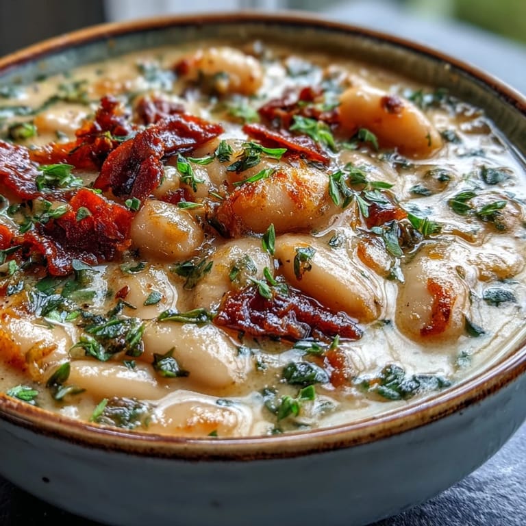 Velvety Creamy Tuscan White Bean Soup in a white pot, garnished with fresh parsley and a swirl of olive oil.