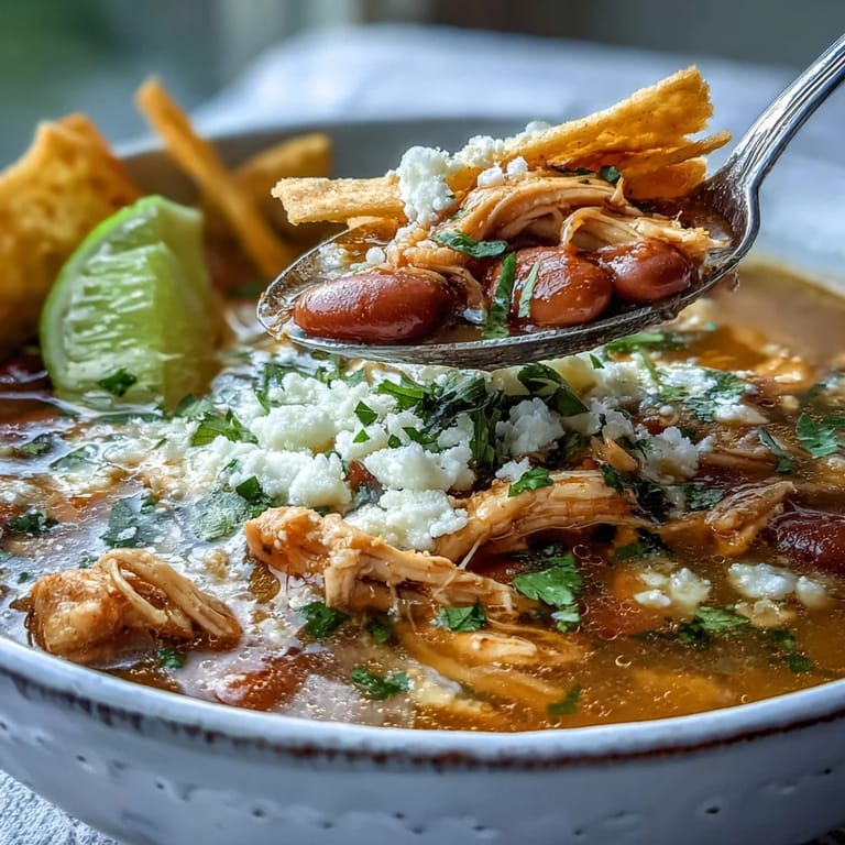 Hearty Mexican Chicken Tortilla Soup with tender shredded chicken, pinto beans, and colorful vegetable toppings.