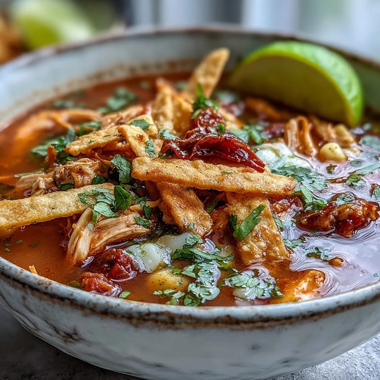 Close-up of Best Chicken Tortilla Soup garnished with melted cheese and sour cream swirl.