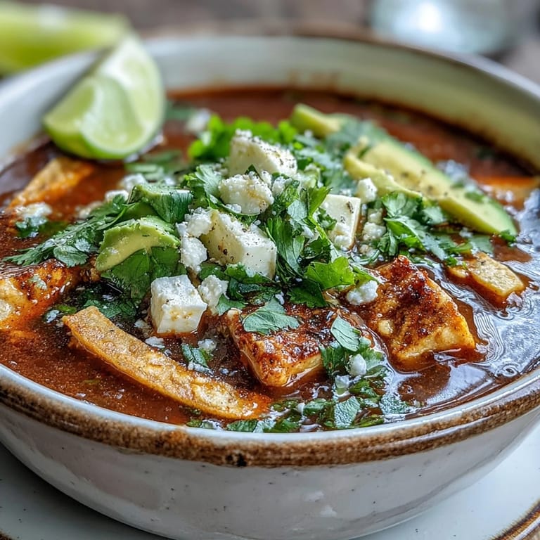 Ladled smoky Sopa Azteca broth over crunchy tortilla strips topped with avocado and lime wedge.