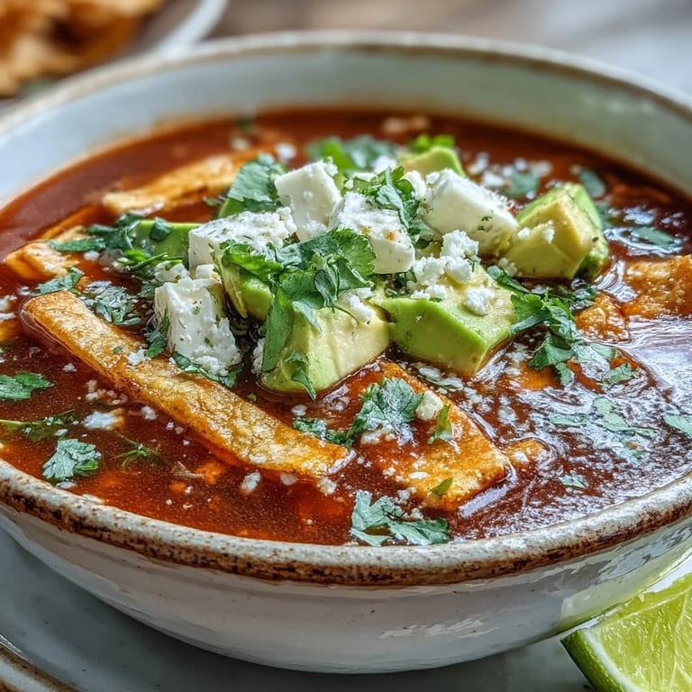 Authentic Sopa Azteca served hot with panela cheese, crema, and cilantro, ready for a comforting meal.