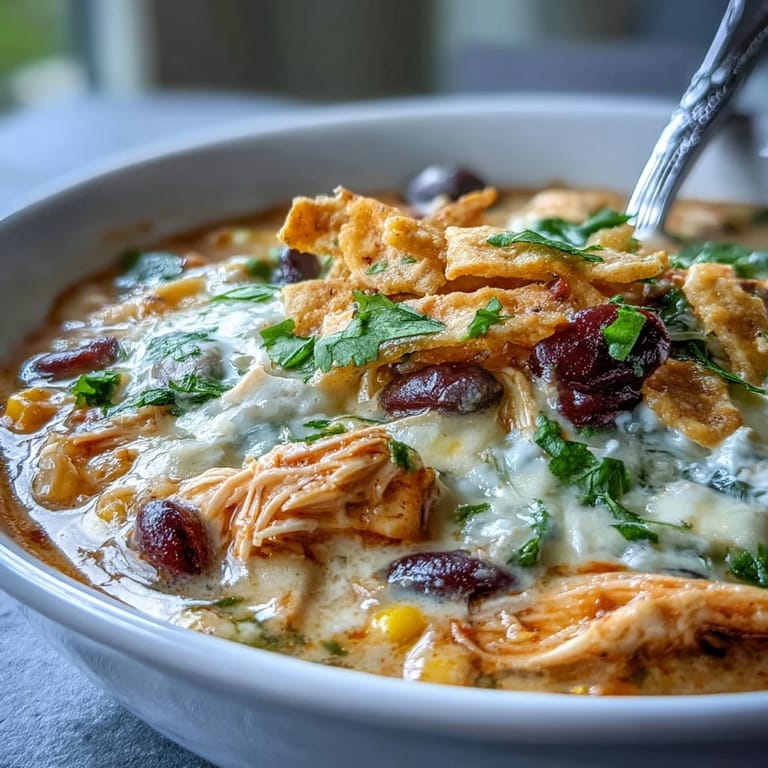 A ladle lifts the hearty Easy Chicken Tortilla Soup topped with crunchy tortilla strips and fresh cilantro.