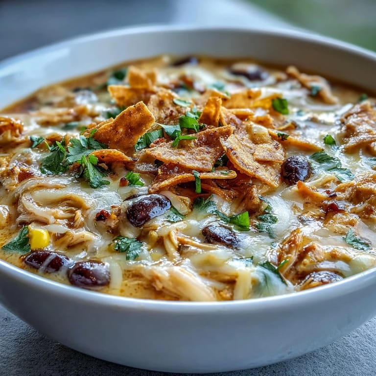 Close-up of Easy Chicken Tortilla Soup garnished with melted cheddar, lime wedges, and sliced jalapeños.