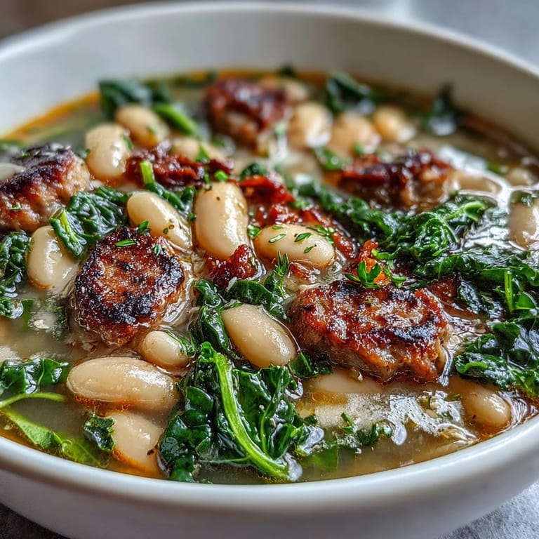 Close-up of Italian White Bean Soup with Kale and Sausage, showing creamy beans and vibrant green kale in rich broth.