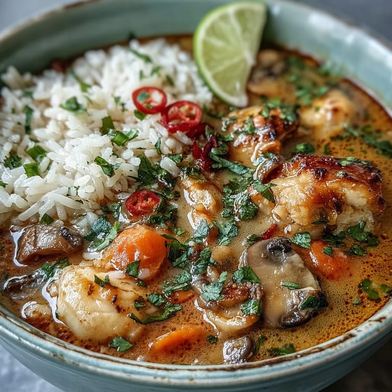 A serving of Thai Coconut Curry Soup with jasmine rice, carrots, and lemongrass, with a lime wedge on the side.