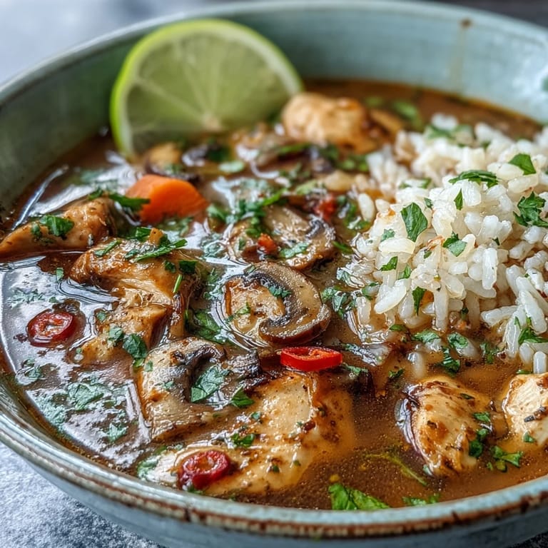 Close-up of Thai Coconut Curry Soup with chicken and mushrooms, bright red chili slices and fresh herbs on top.