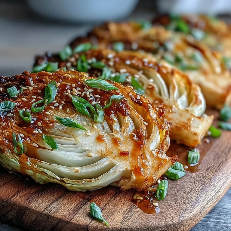 Tender cabbage wedges glazed with umami-rich miso butter, garnished with sesame seeds and green onions for a flavorful side.