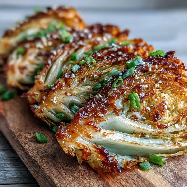 Miso butter roasted cabbage wedges served hot, with caramelized edges and a savory, sweet glaze from the fusion glaze.