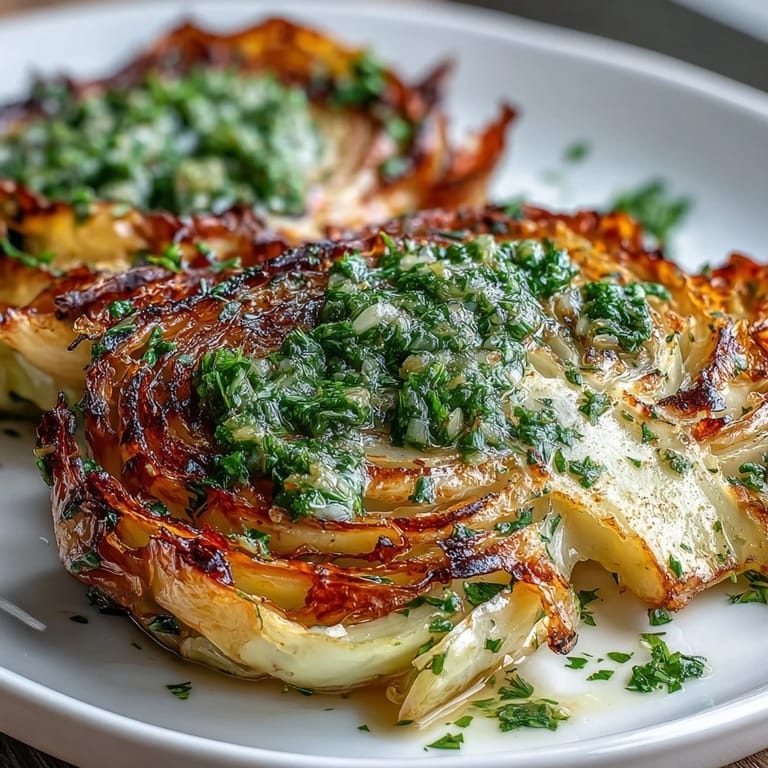 Thick cabbage steaks, perfectly caramelized, showcasing bright, herbaceous jalapeño chimichurri sauce.