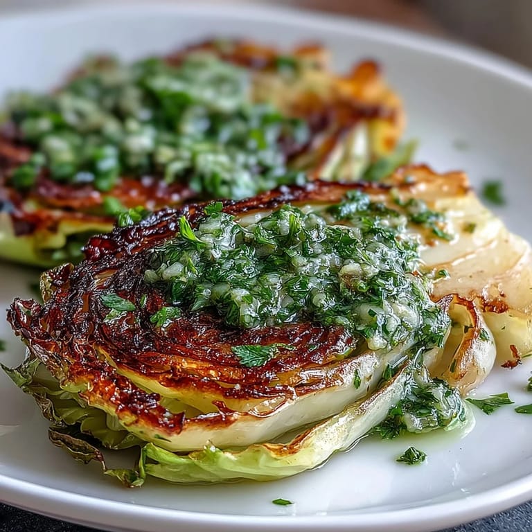 Delicious vegan cabbage steaks brightened with a fresh, zesty jalapeño chimichurri topping.