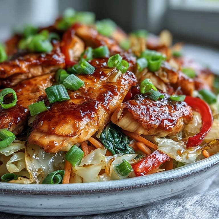 Freshly stir-fried Chicken Cabbage Stir-Fry with sliced green onions and carrots, steaming in a rustic bowl for a weeknight dinner.