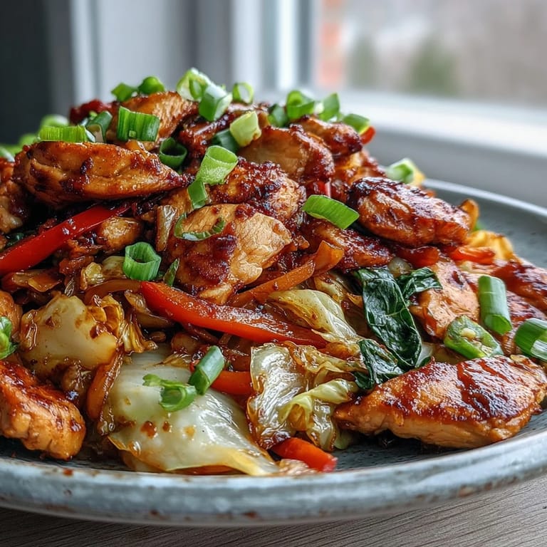A close-up shows tender chicken and colorful bell peppers mixed with shredded cabbage, ready to be served over steamed jasmine rice.