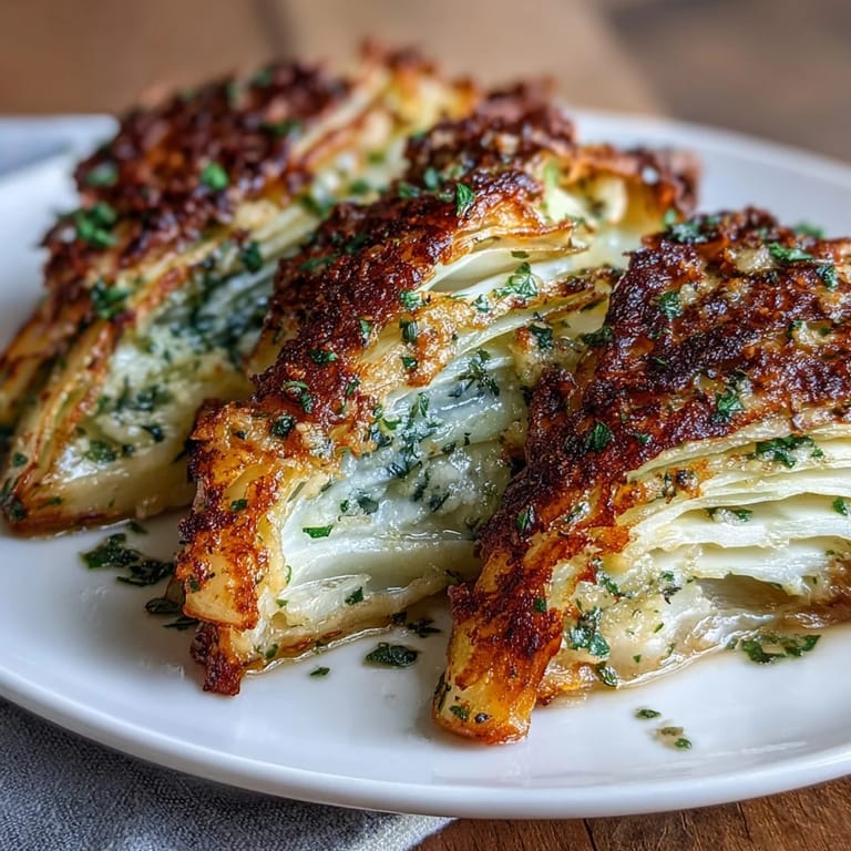 Savory roasted garlic parmesan cabbage wedges paired with grilled chicken for an easy dinner.