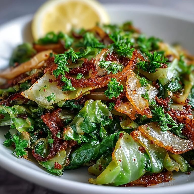 A close-up of sautéed cabbage with garlic and Mediterranean spices, garnished with fresh parsley and bright lemon wedges.  