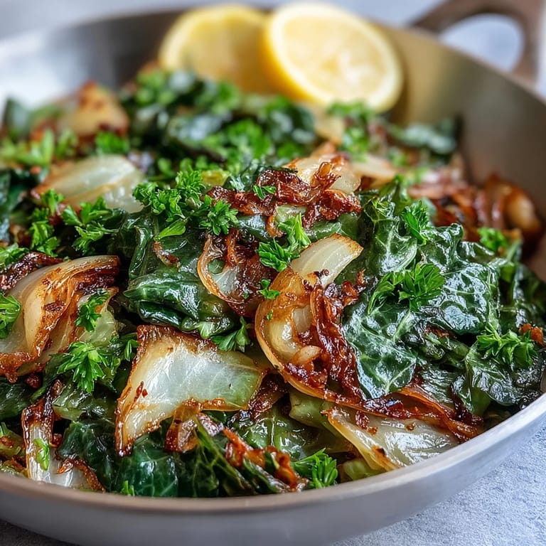 Tender sautéed cabbage with garlic and Mediterranean spices paired with grilled chicken on a rustic plate for a vegan side.