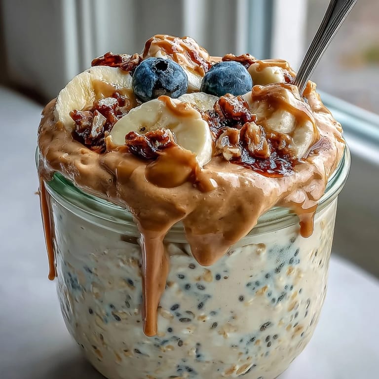 A jar of high-protein peanut butter overnight oats, swirled with Greek yogurt and drizzled with honey.