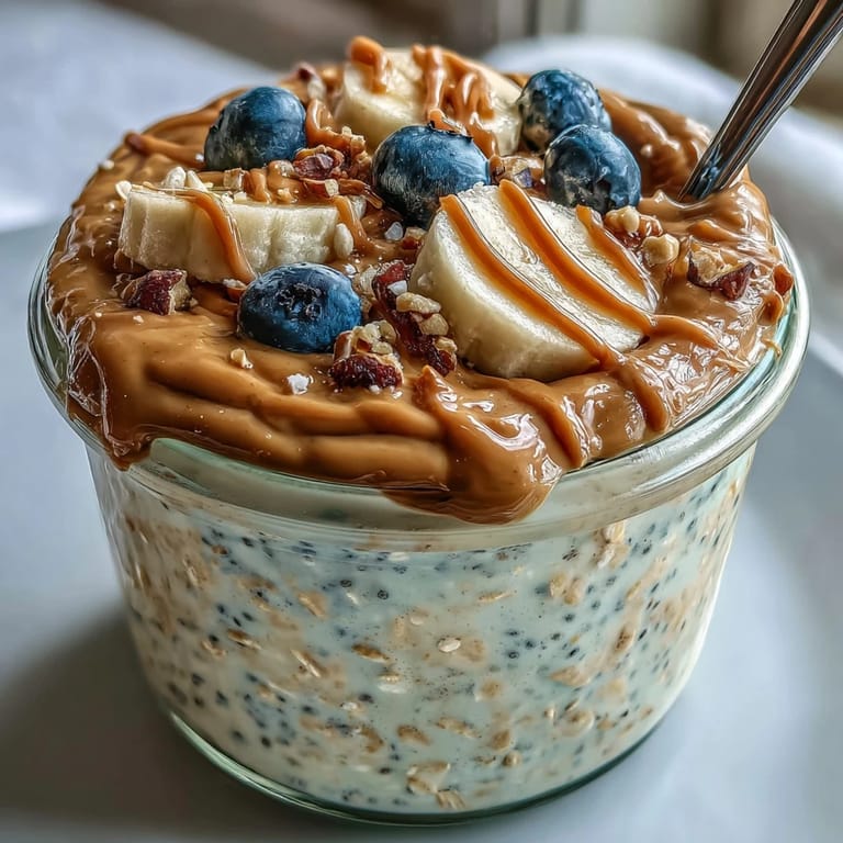 Spoon-ready high-protein peanut butter overnight oats in a jar with fresh berries and a sprinkle of cinnamon.