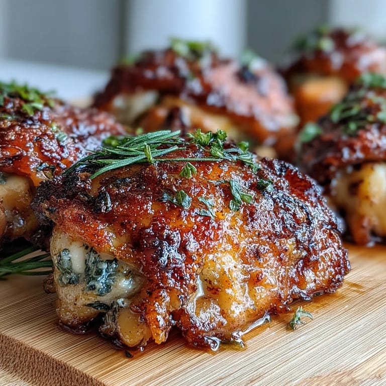 Close-up of deeply golden Crispy Baked Bone-In Chicken Thighs highlighting crackling skin and succulent dark meat.