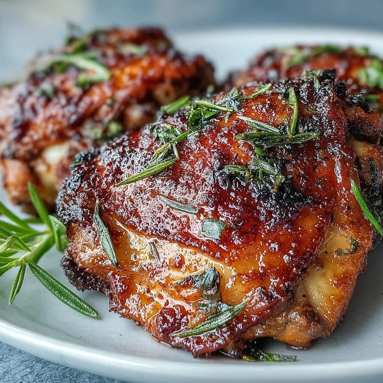 A platter of juicy, smoky Crispy Baked Bone-In Chicken Thighs garnished with fresh parsley and lemon wedges.