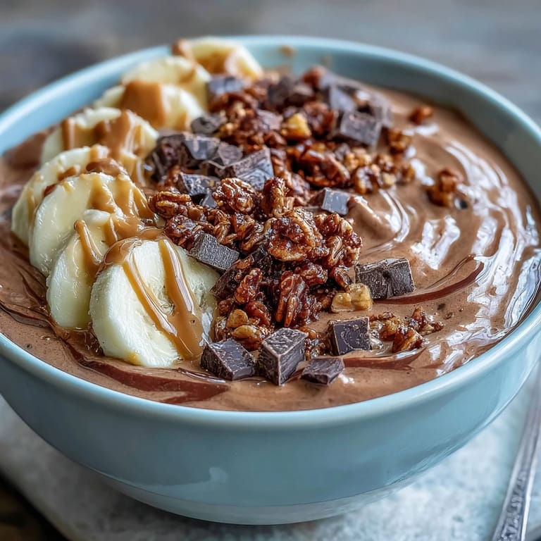 Enjoy a healthy snack with this Chocolate Peanut Butter Smoothie Bowl, featuring a rich cocoa base, peanut butter drizzle, and fresh banana toppings.