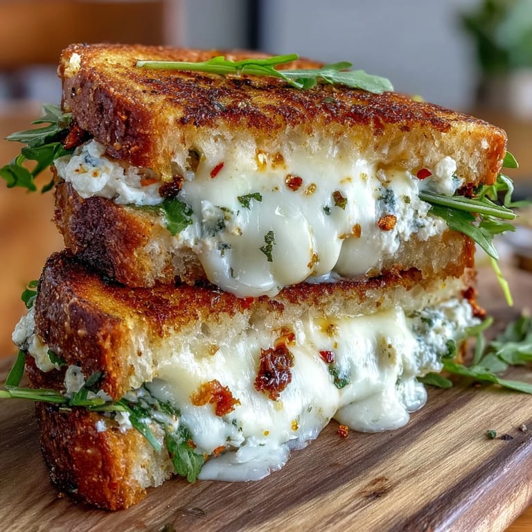 Two halves of a Goat Cheese Grilled Cheese with Honey & Chili Flakes served on a plate, ready to enjoy.