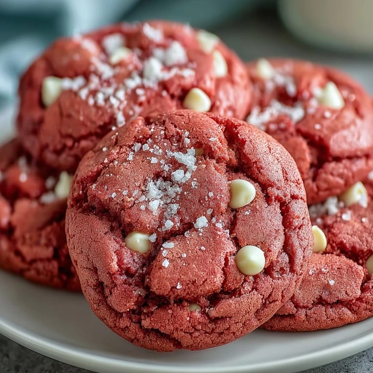 Stack of Pink Velvet Cookies showing a vibrant pink hue and melty white chocolate chips on a baking sheet.