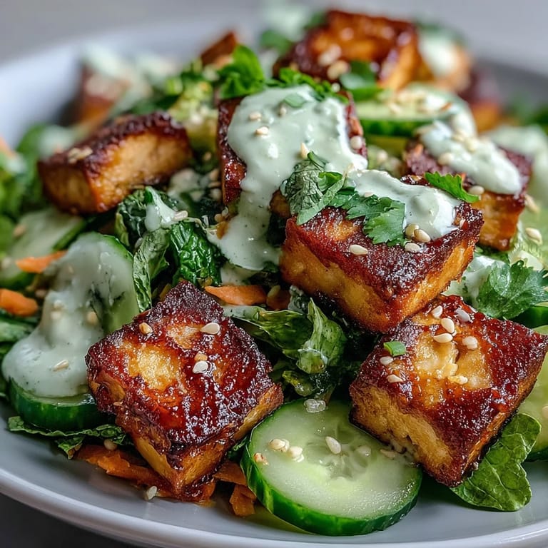 Top-down view of a vibrant bowl of Creamy Asian Cucumber Salad with Crispy Tofu, dressed in sesame ginger sauce.