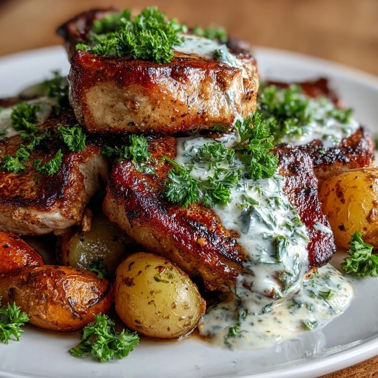Serving Crockpot Ranch Pork Chops over mashed potatoes, garnished with fresh chives and parsley.