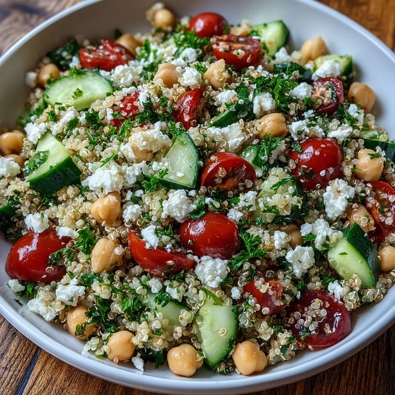 Spoon lifting a colorful serving of the High Protein Quinoa & Chickpea Salad, ready for a nutritious Mediterranean lunch.