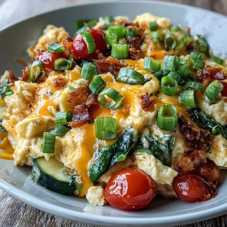 Colorful breakfast bowl with scrambled eggs, sautéed spinach, cherry tomatoes, and melted cheese, ready to enjoy for a healthy morning meal.  