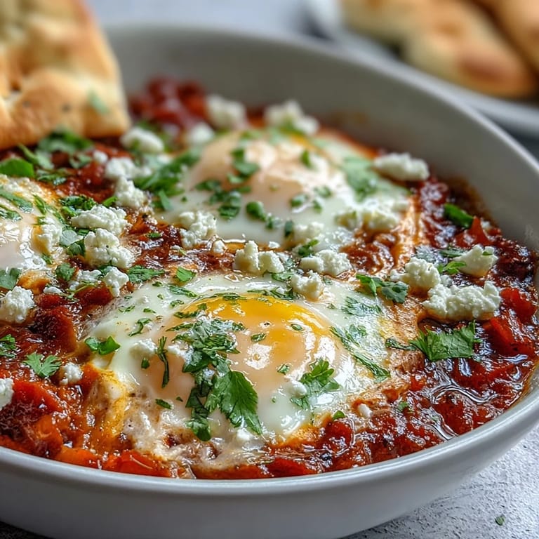An overhead shot of a bubbling Shakshuka Bowl, garnished with fresh cilantro and crumbled feta, served in a rustic skillet ready to be scooped with pita.