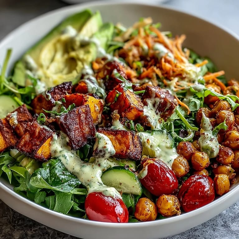 Close-up of a nutritious vegan breakfast Buddha bowl with golden roasted sweet potatoes and crunchy spiced chickpeas.