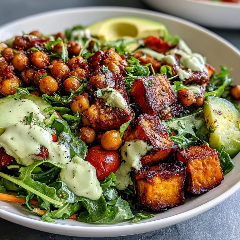 Colorful breakfast Buddha bowl with roasted sweet potatoes, crisp chickpeas, and veggies drizzled with creamy tahini dressing.