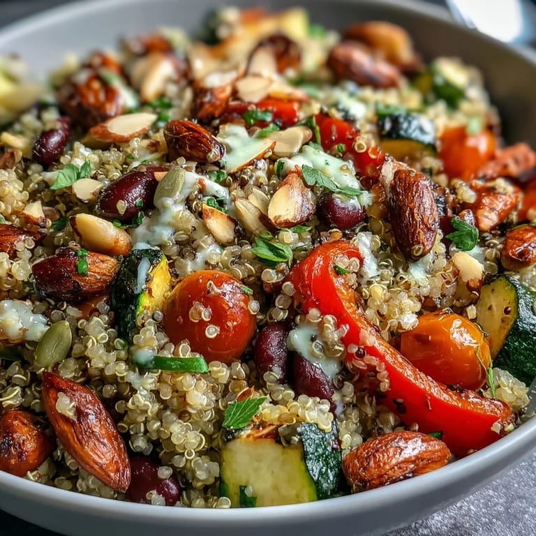 Hearty Veggie and Quinoa Power Bowl served with pumpkin seeds, caramelized vegetables, and a bright, homemade lemon vinaigrette for a healthy meal.