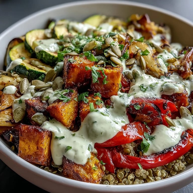 A close-up view of the Lentil Power Bowl showcasing the roasted vegetables and creamy dressing.