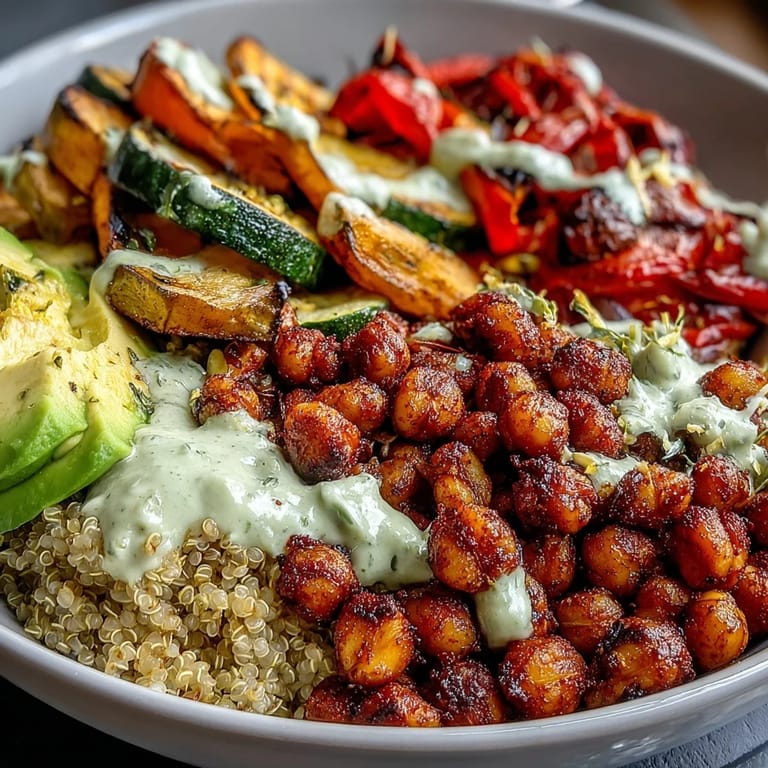 A hearty serving of the Chickpea Power Bowl showcases golden roasted veggies, crispy chickpeas, and a generous drizzle of tahini dressing over wholesome grains.