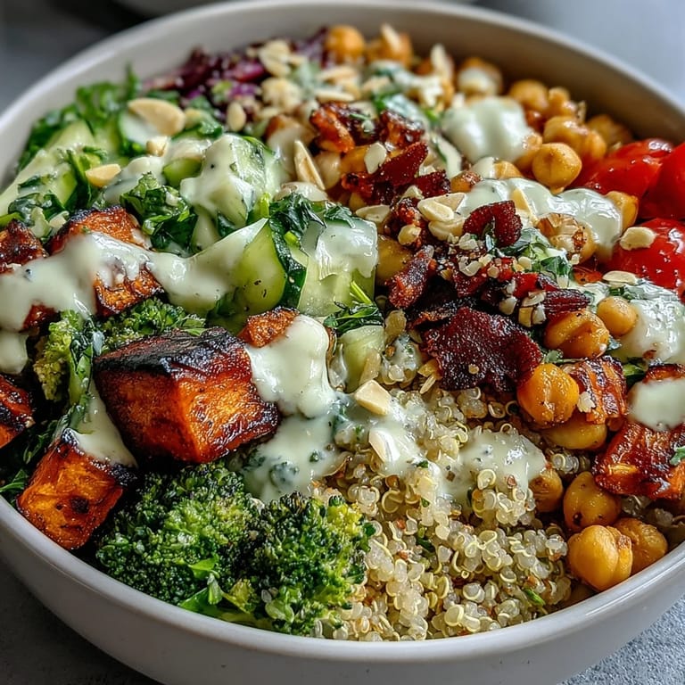 An overhead view of five glass meal prep containers filled with colorful Meal Prep Week-Long Power Bowls, perfect for grab-and-go vegan dinners.