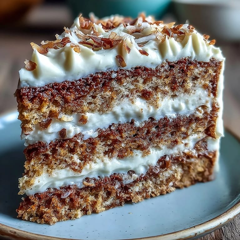Vegan Hojicha Latte Cake slice on a plate with toasted coconut flakes, showcasing the rich roasted tea color and fluffy coconut whipped cream topping.