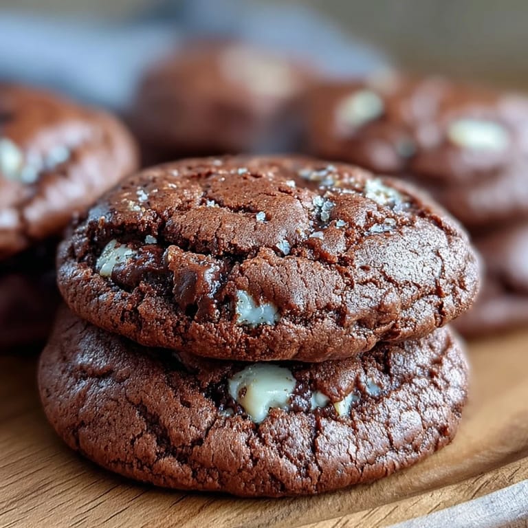 Chewy Hojicha Brownie Cookies stacked to show a fudgy center and creamy white chocolate chunks.