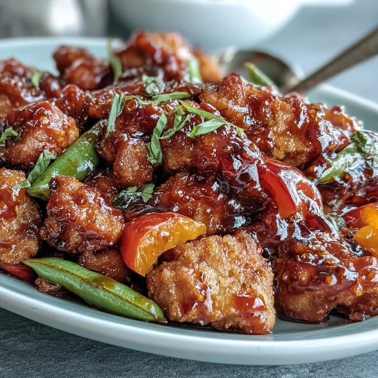 Spicy Sweet Chicken Diablo tossed in a glossy, sticky sauce with colorful bell peppers and snap peas, garnished with green onions and sesame seeds.