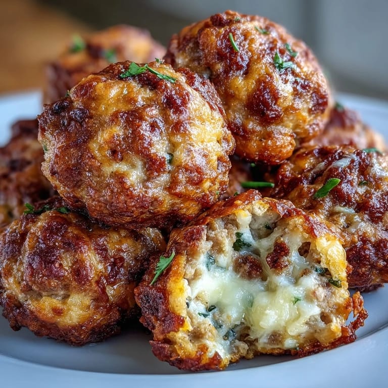 Freshly baked Rotel Sausage Balls served with a creamy dipping sauce and garnished with herbs.