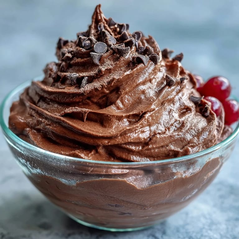 Aerial view of a bowl of fluffy chocolate protein fluff topped with fresh raspberries and chocolate chips.