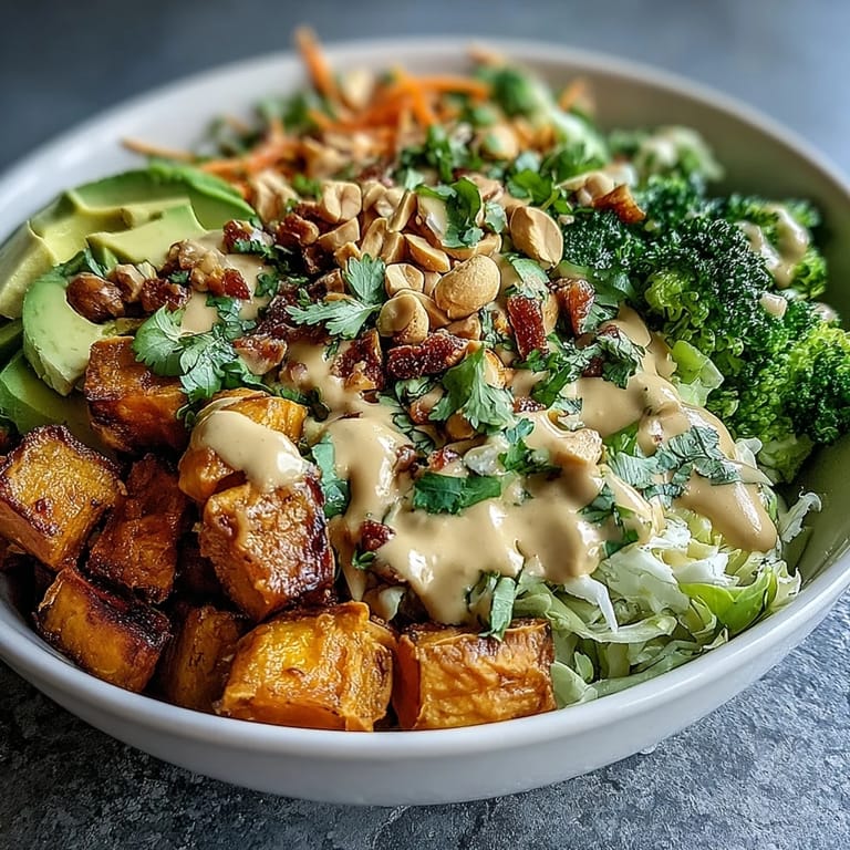 Thai Peanut Sweet Potato Buddha Bowl garnished with fresh cilantro and chopped peanuts, drizzled with savory peanut sauce. 