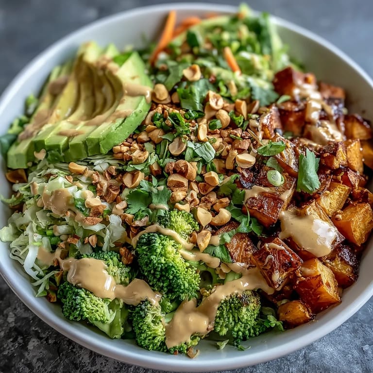 Colorful Thai Peanut Sweet Potato Buddha Bowl with shredded cabbage, carrots, and toasted peanuts for a satisfying vegan meal.