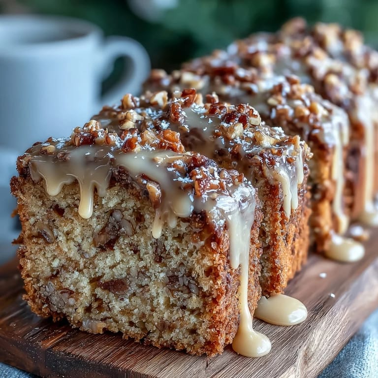 Festive Christmas Toffee Crunch Cake topped with drizzled frosting and crunchy toffee pieces, ready to serve on a holiday table.