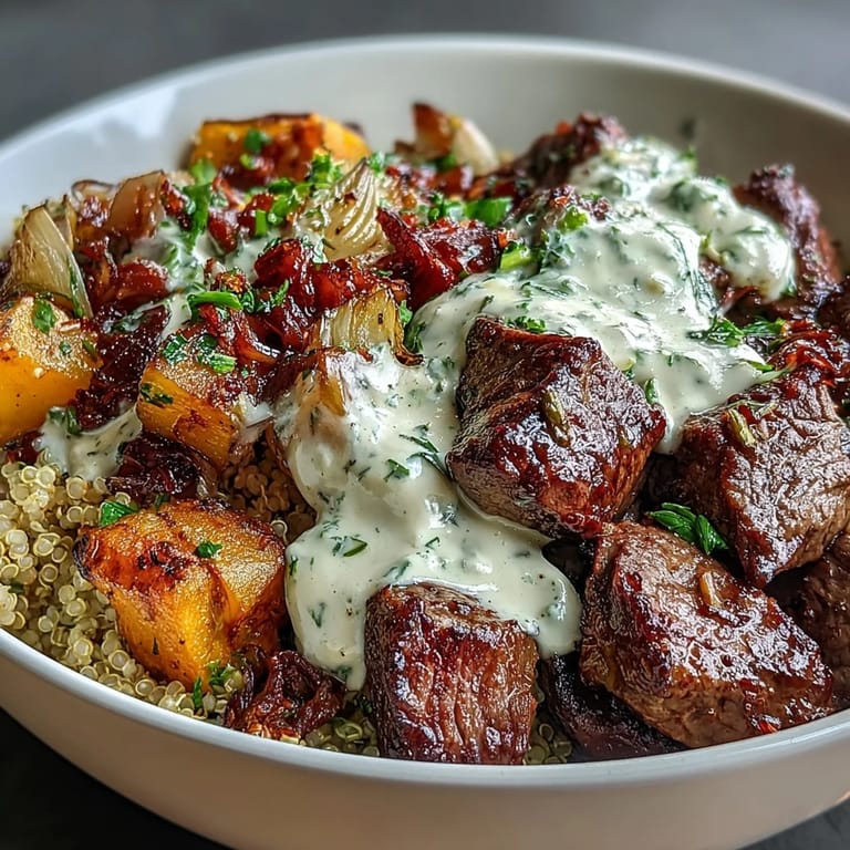 Colorful ingredients for savory butternut squash & garlic herb steak bowls: diced squash, herbs, steak, and quinoa laid out on a rustic countertop.
