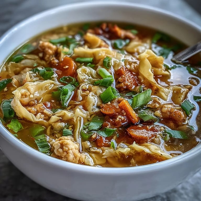A close-up of One-Pot Egg Roll Soup, garnished with fresh scallions and chili oil, ready to serve with chopsticks.
